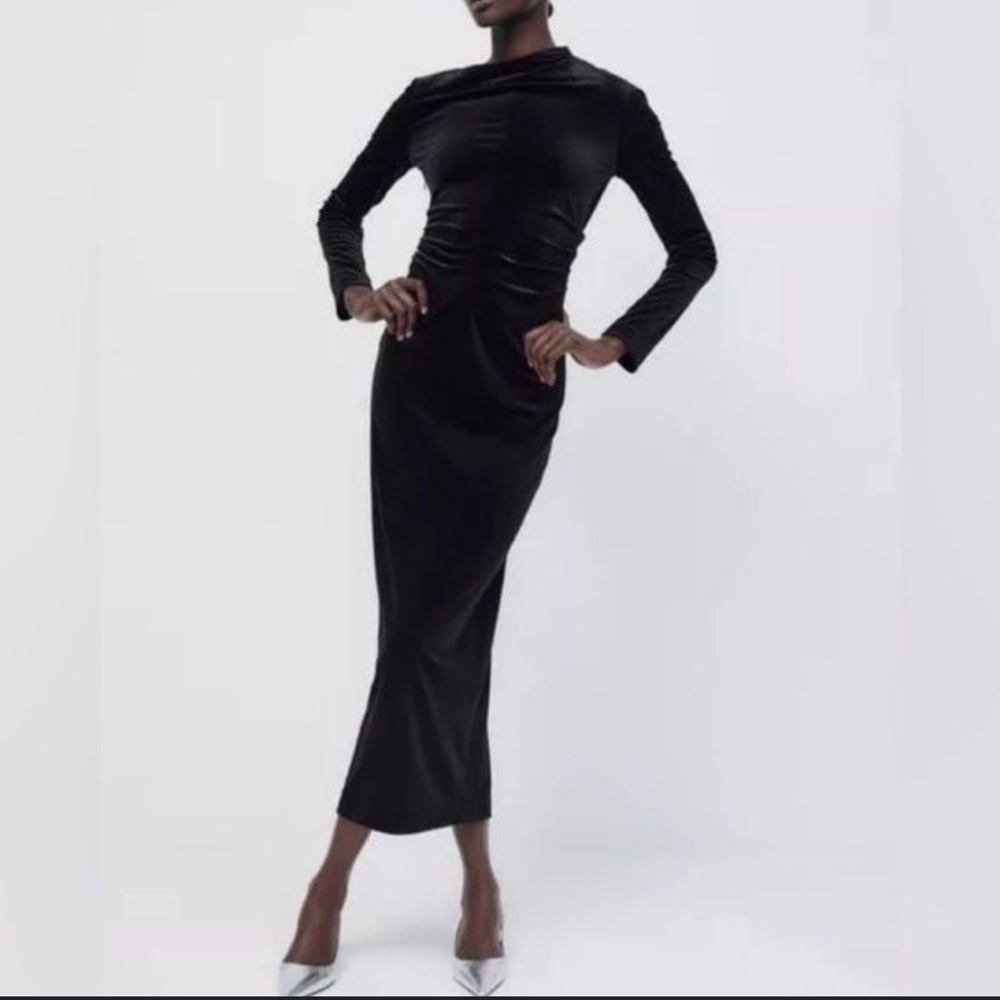 NEW ZARA women’s black velvet long sleeve holiday party dress size LARGE